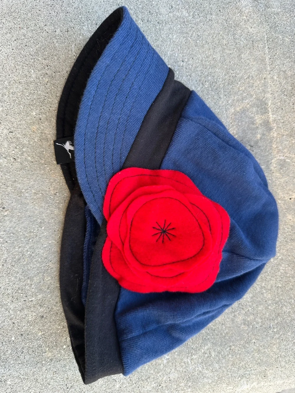 100% Organic Cotton stretch cap baseball style hat navy Blue Red flower accent